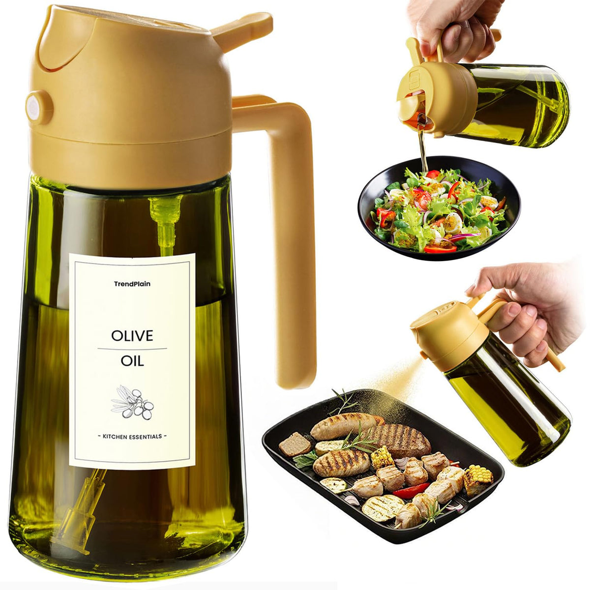TrendPlain - Original 16oz/470ml Olive Oil Dispenser Bottle for Kitchen Gadgets and Air Fryer Accessories - Olive Oil Sprayer for Cooking w/Stickers - Black