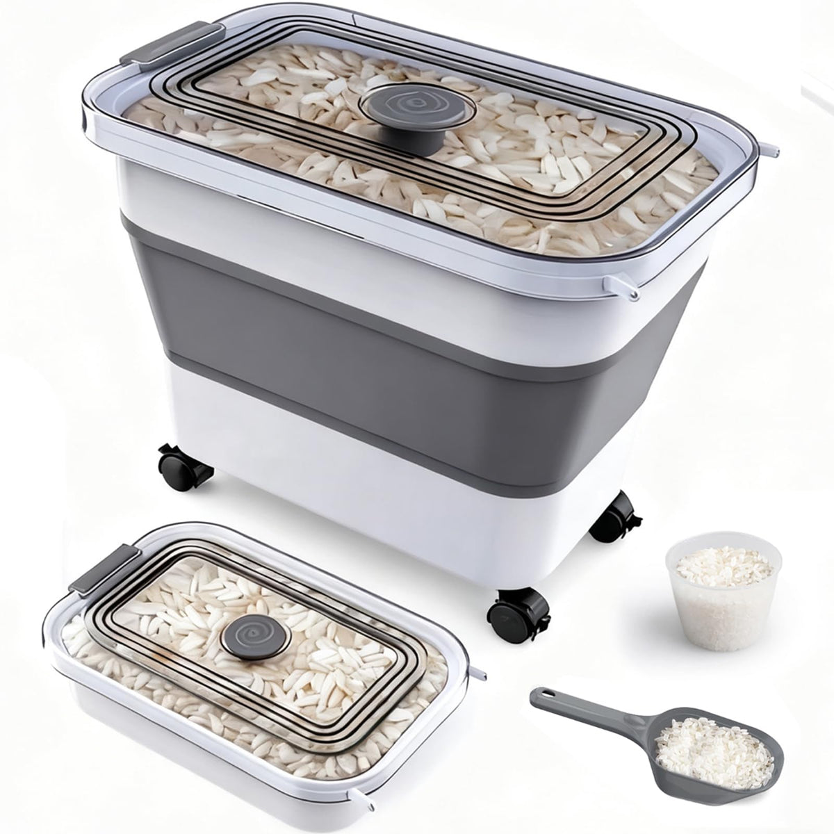 Komzon Rice Storage Container, Collapsible Airtight Food Storage Containers 6-20 Lbs, Rice Dispenser with Measuring Cup and Small Bin for Flour Cereal Pasta Grain, Cat Pet Dog Bird Food Container