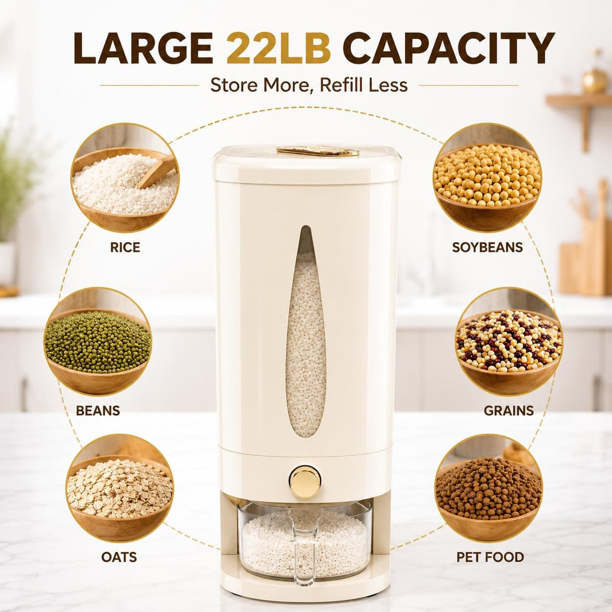 22lbs Rice Dispenser, Airtight Grain Storage Container with One-Touch