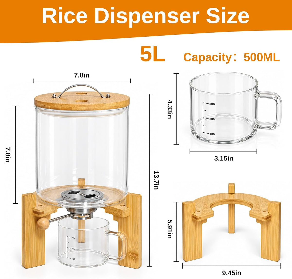 Glass Rice Dispenser, 5L Airtight Rice Container with Measuring Cup & Label