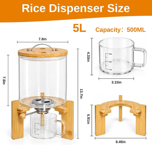 Glass Rice Dispenser, 5L Airtight Rice Container with Measuring Cup & Label