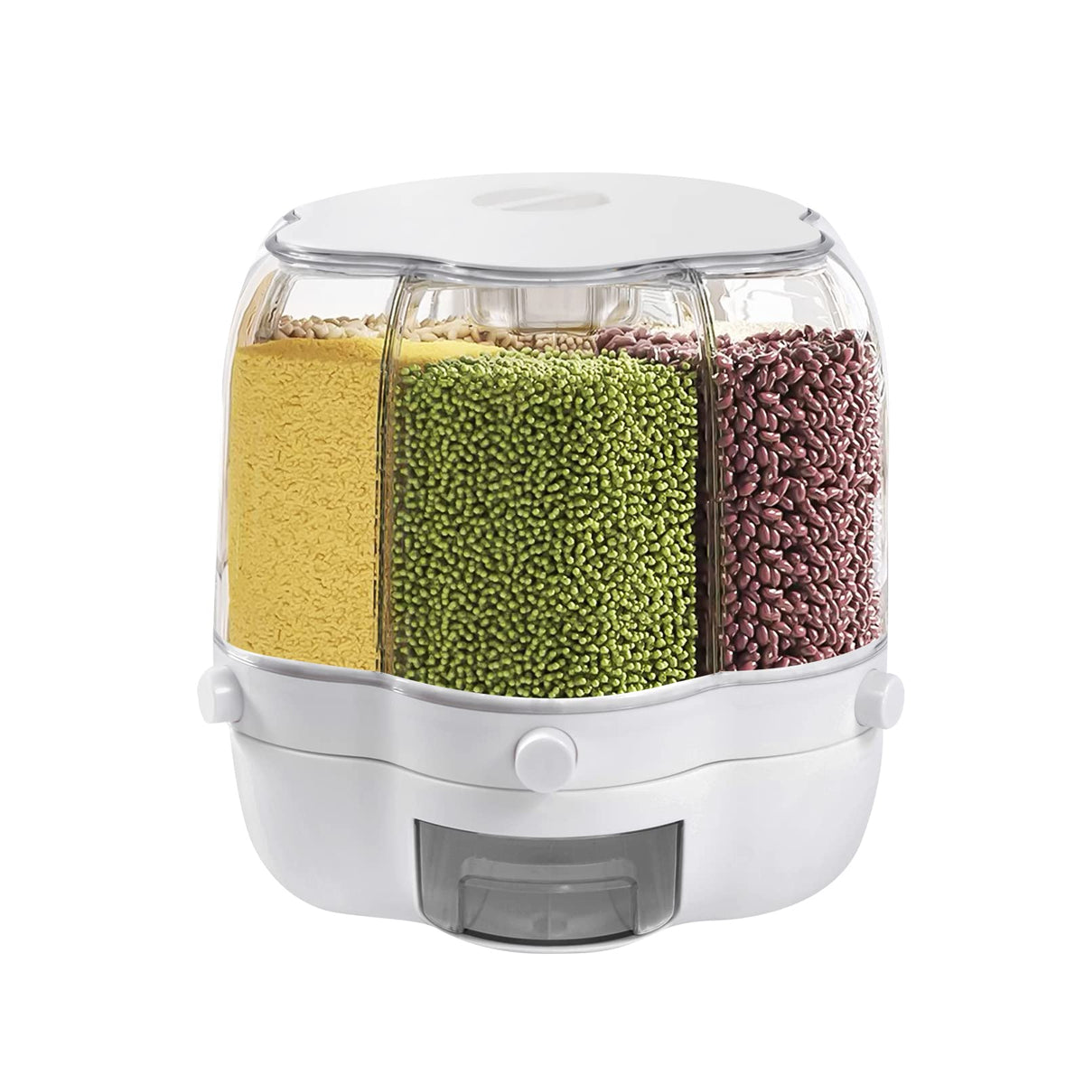 Cereal Dispenser Countertop 360° Rotating Grain Storage Container 13.2-27.56 Lbs Rice Dispenser 6 Grids Dry Food Dispenser Candy Dispensers for Grains, Beans, Rice (White+Clear, 14.33Lbs)