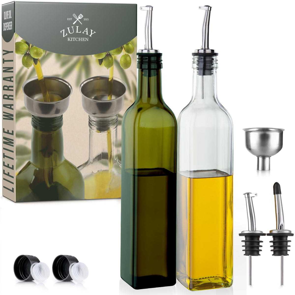 Zulay Kitchen 2 pack 17oz Olive Oil Glass Dispenser Bottle