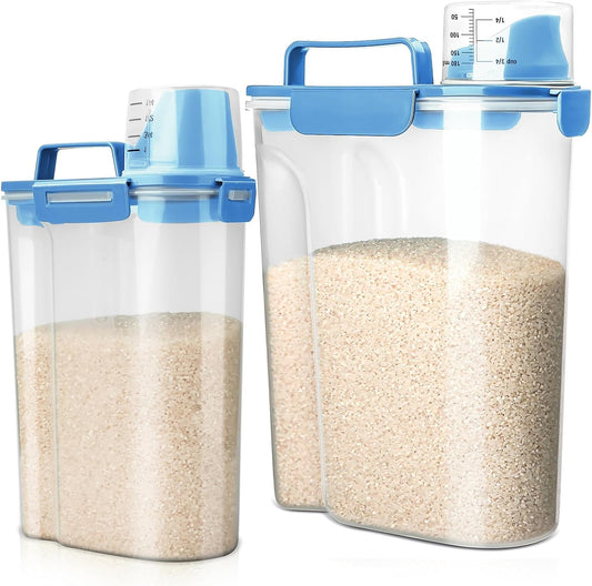 Viretec Rice Storage Container, 5 to 10lb Dry Food Airtight Dispenser, Pet Dog Cat Food Canister, BPA Free Clear Plastic Kitchen and Pantry Bin for Oatmeal, Cereal, Pasta, Flour Pack of 2 Blue