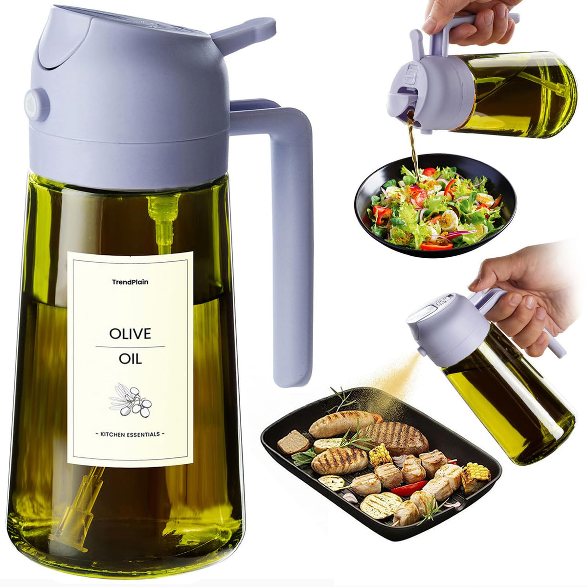 TrendPlain - Original 16oz/470ml Olive Oil Dispenser Bottle for Kitchen Gadgets and Air Fryer Accessories - Olive Oil Sprayer for Cooking w/Stickers - Black