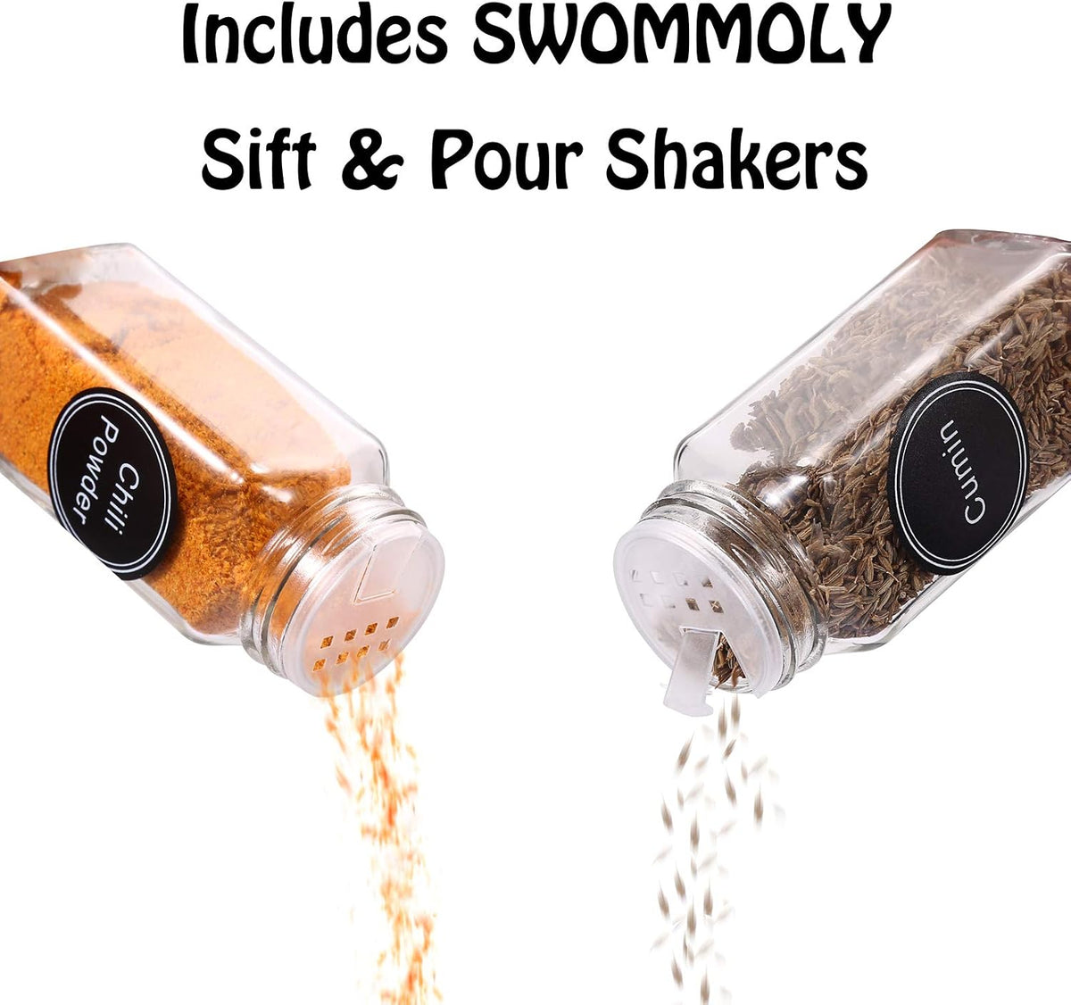 SWOMMOLY 66 Pcs 4 oz Glass Spice Jars with Shaker Lids and 703 Spice Labels