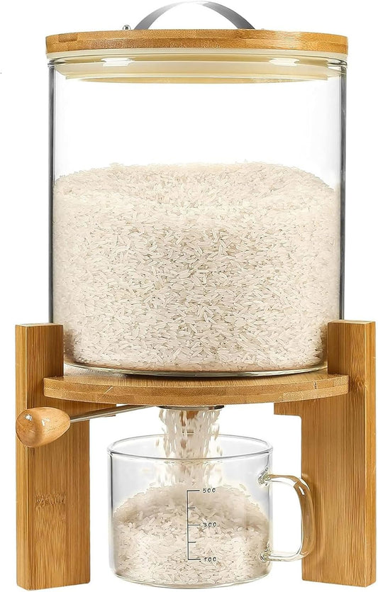 Rice Dispenser 5L, Grain Dispenser Glass Bucket, Cereal Dispenser Countertop for Kitchen and Pantry Organization, Large Rice Storge Container for Dry Food
