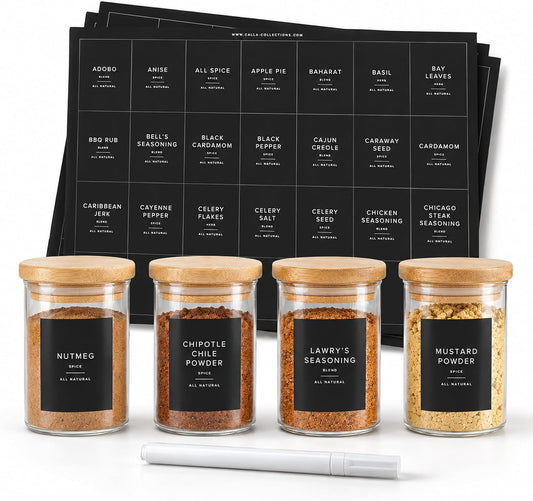 230 Black Spice Labels by ThreeKin | Waterproof & Oil-Resistant Pre-Printed Stickers for Spice Jars | Durable, BPA-Free Seasoning Labels | Easy-Clean, No-Residue Design | Proudly Female & USA Owned