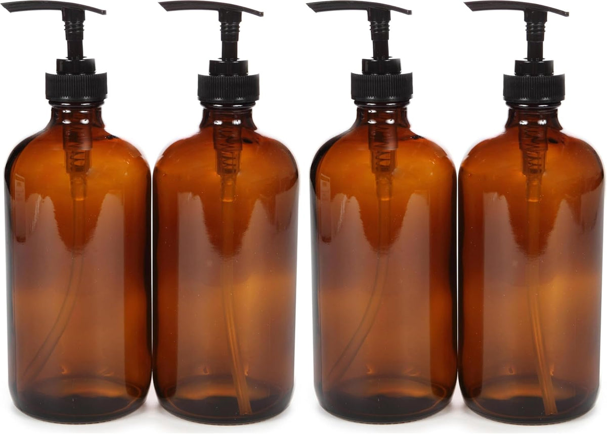 Vivaplex Large 16 oz Amber Glass Bottles with Black Lotion Pumps - 2 pk