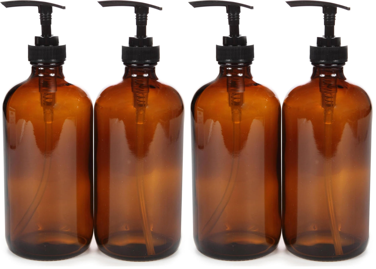 Vivaplex Large 16 oz Amber Glass Bottles with Black Lotion Pumps - 2 pk