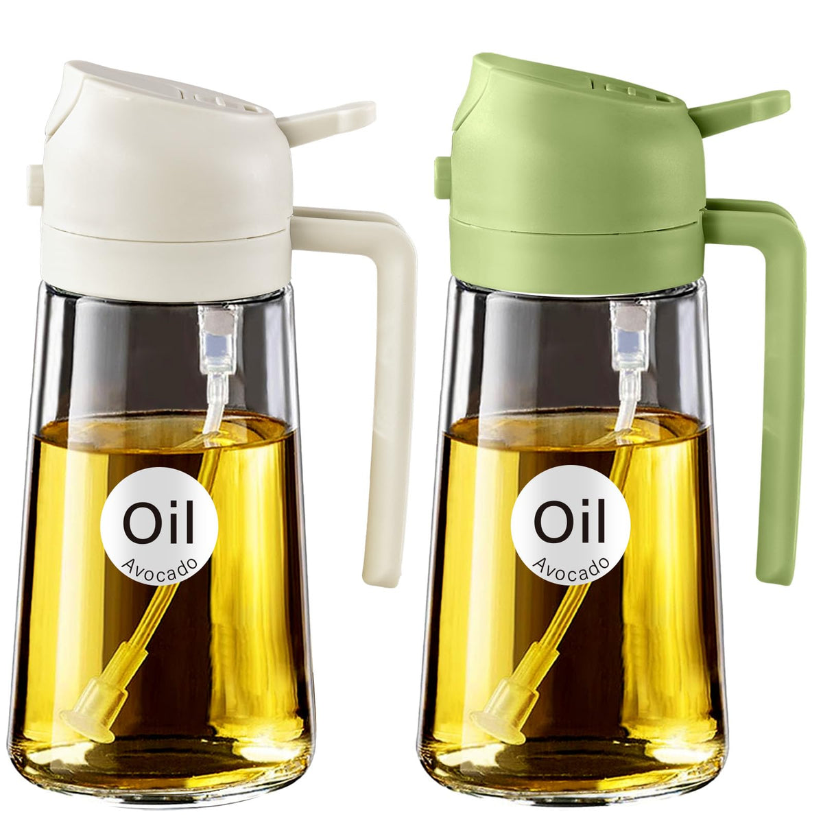 YARRAMATE Olive Oil Dispenser, 2 in 1 Oil Sprayer for Cooking, 16oz/470ml Glass Oil Spray Bottle with Pourer, Food-grade Oil Dispenser and Oil Sprayer for Kitchen, Salad, Frying, BBQ (Black & Green)