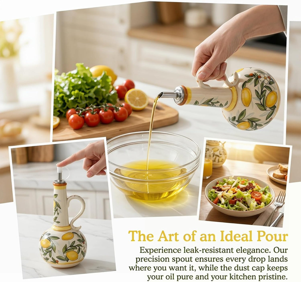 Ceramic Olive Oil Dispenser Bottle 23oz, Hand Painted Olive Oil Bottles, Decorative Stoneware Olive Oil Cruet for Kitchen with Stainless Steel Spout for Oils, Sauces, Vinegar (Llemon)