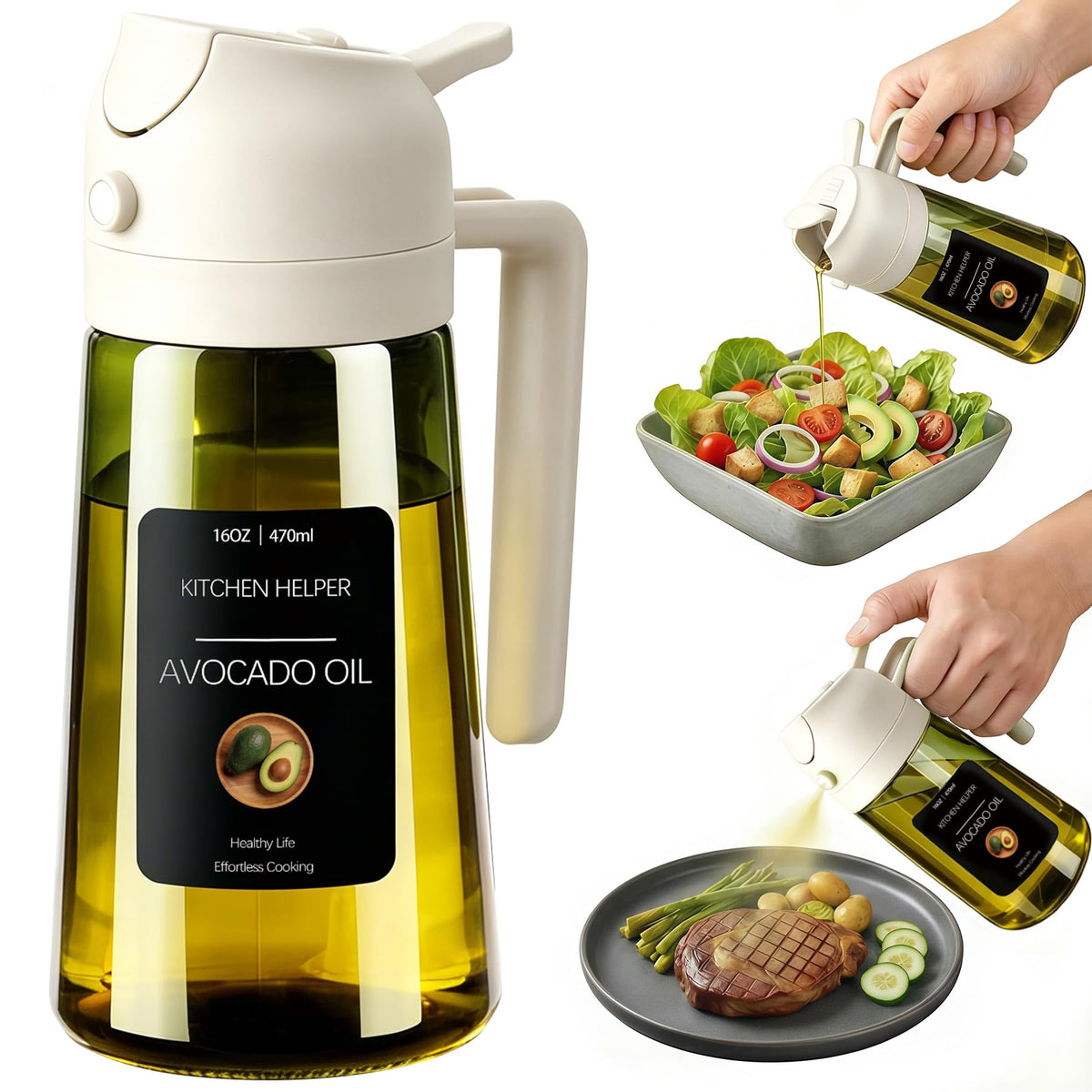 Poshetion 2 in 1 Olive Oil Sprayer for Cooking, 16oz Light-Proof Oil Dispenser for Kitchen, Leak-Proof Oil Spray Bottle for Air Fryer, Salad, BBQ, Baking, Grilling - Black & Black