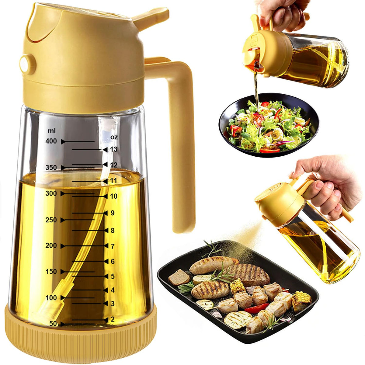 TrendPlain 16oz/470ml Glass Olive Oil Sprayer for Cooking – 2 in 1 Olive Oil Dispenser Bottle for Kitchen Gadgets and Air Fryer Accessories, Salad, BBQ - Black