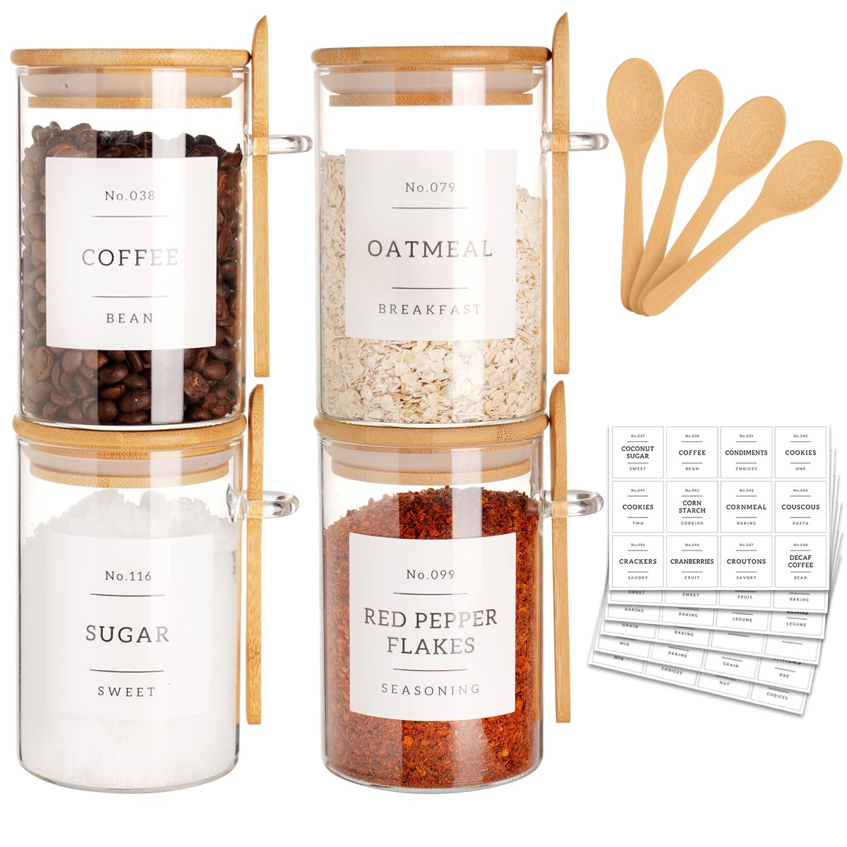 4 Pcs 27oz Glass Jar with Bamboo Lid and Spoon, Sugar and Coffee Container