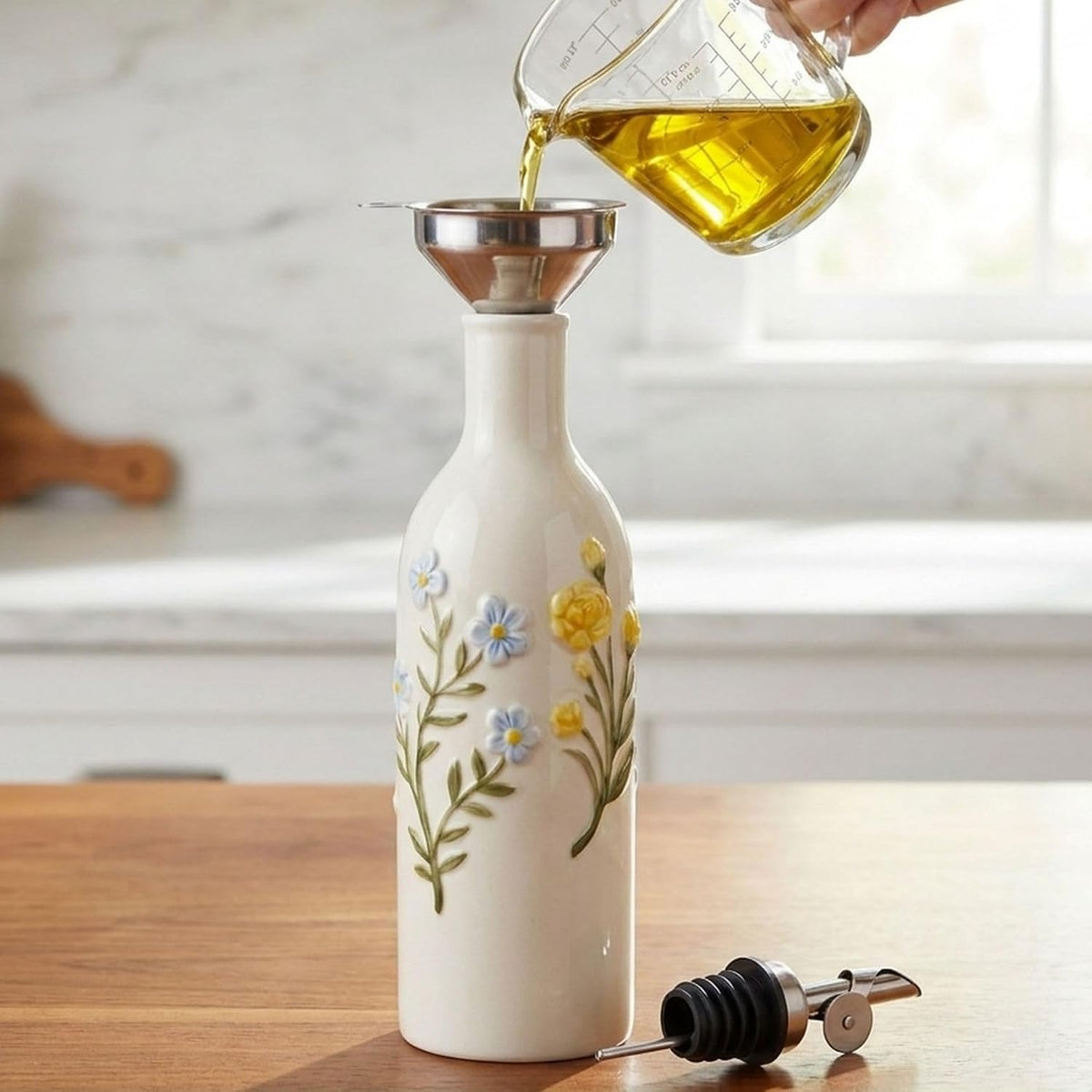 Ceramic Olive Oil Dispenser Bottle, 18 OZ(Flower)