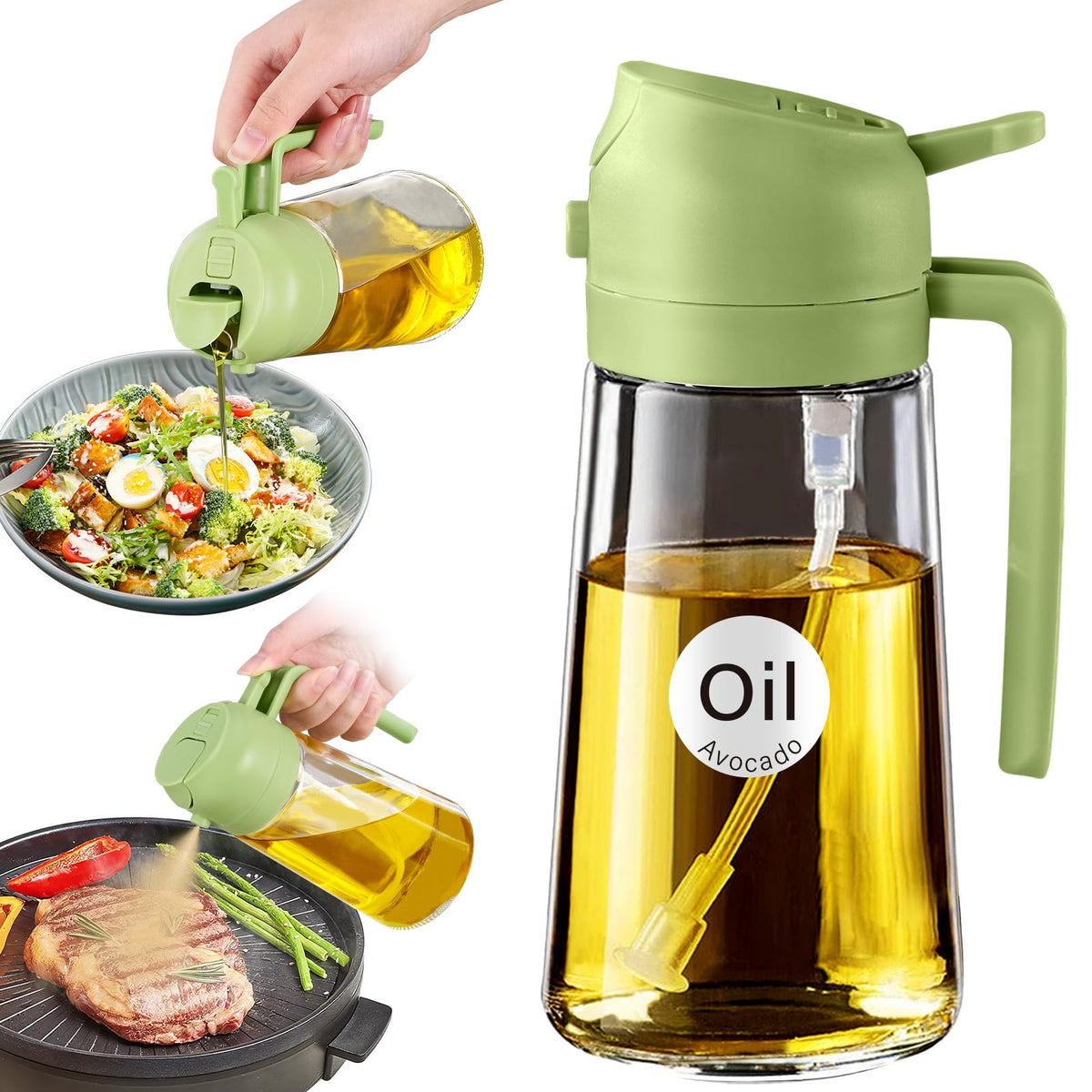 YARRAMATE Olive Oil Dispenser, 2 in 1 Oil Sprayer for Cooking, 16oz/470ml Glass Oil Spray Bottle with Pourer, Food-grade Oil Dispenser and Oil Sprayer for Kitchen, Salad, Frying, BBQ (Black & Green)