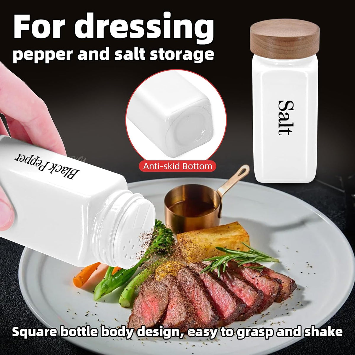 3Pcs 4 oz Square Glass Spice Jars with Label, Empty Spice Containers with Wooden Lids, Square Seasoning Containers and Supplement Set, Small Seasoning Bottles for Salt, Sugar, Pepper (White)