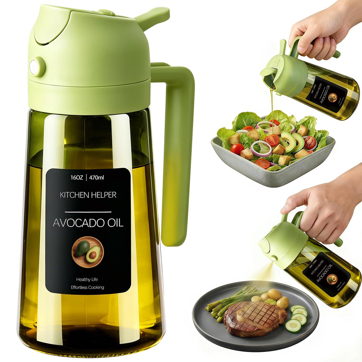 Poshetion 2 in 1 Olive Oil Sprayer for Cooking, 16oz Light-Proof Oil Dispenser for Kitchen, Leak-Proof Oil Spray Bottle for Air Fryer, Salad, BBQ, Baking, Grilling - Black & Black