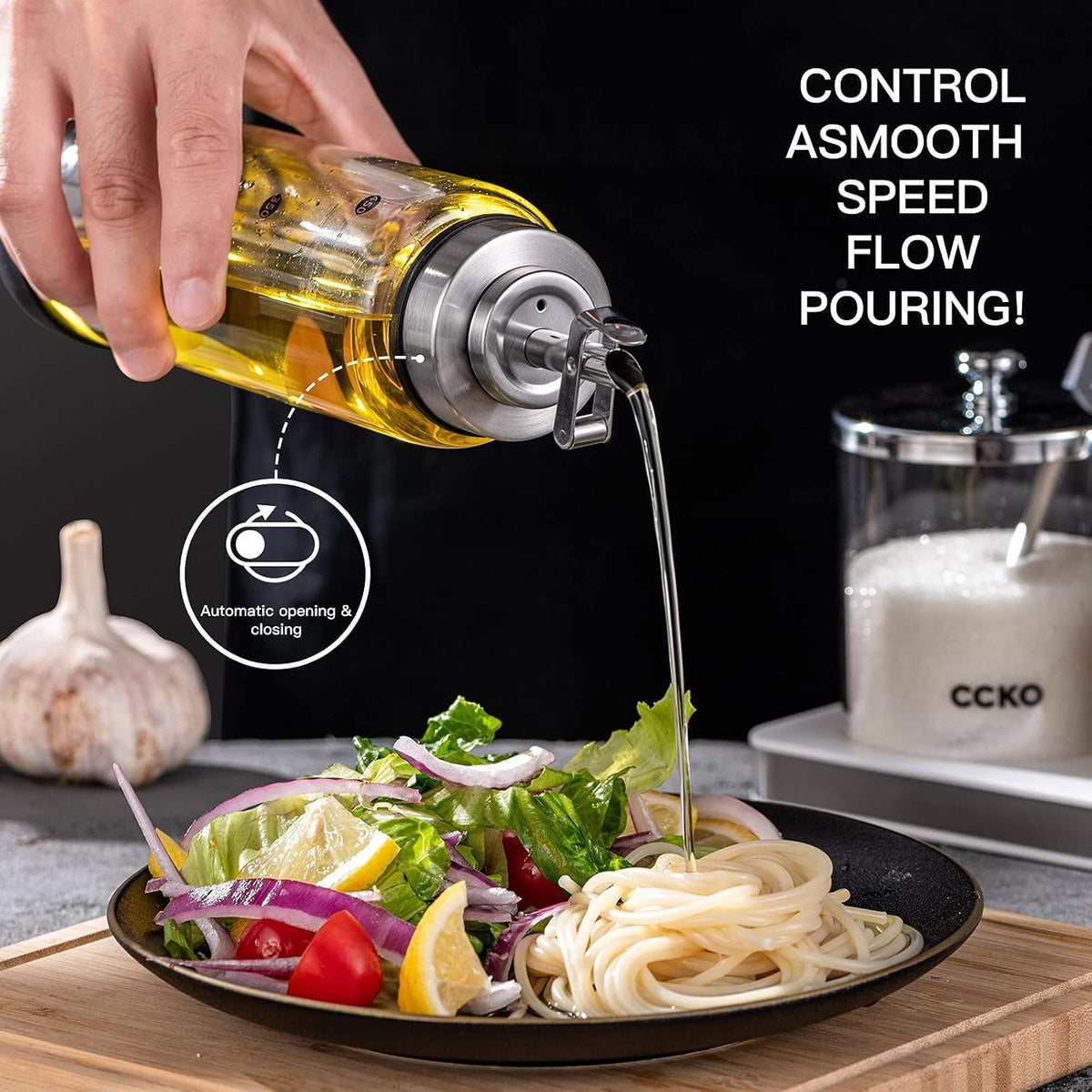CCKO Glass Olive Oil Dispenser Bottle Shatterproof and Leakproof Oil Dispenser with Stainless Steel Spouts High Temperature Resistant 17oz Cooking Oil and Vinegar Cruet Dispenser Bottle