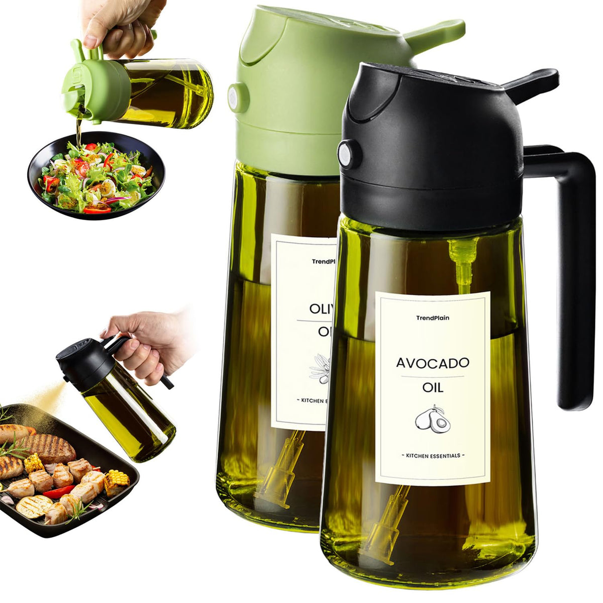 TrendPlain - Original 16oz/470ml Olive Oil Dispenser Bottle for Kitchen Gadgets and Air Fryer Accessories - Olive Oil Sprayer for Cooking w/Stickers - Black