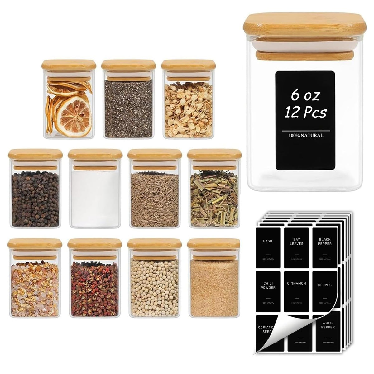 ComSaf Square Glass Spice Jars with Labels 8 oz 16 Pack with Bamboo Lids