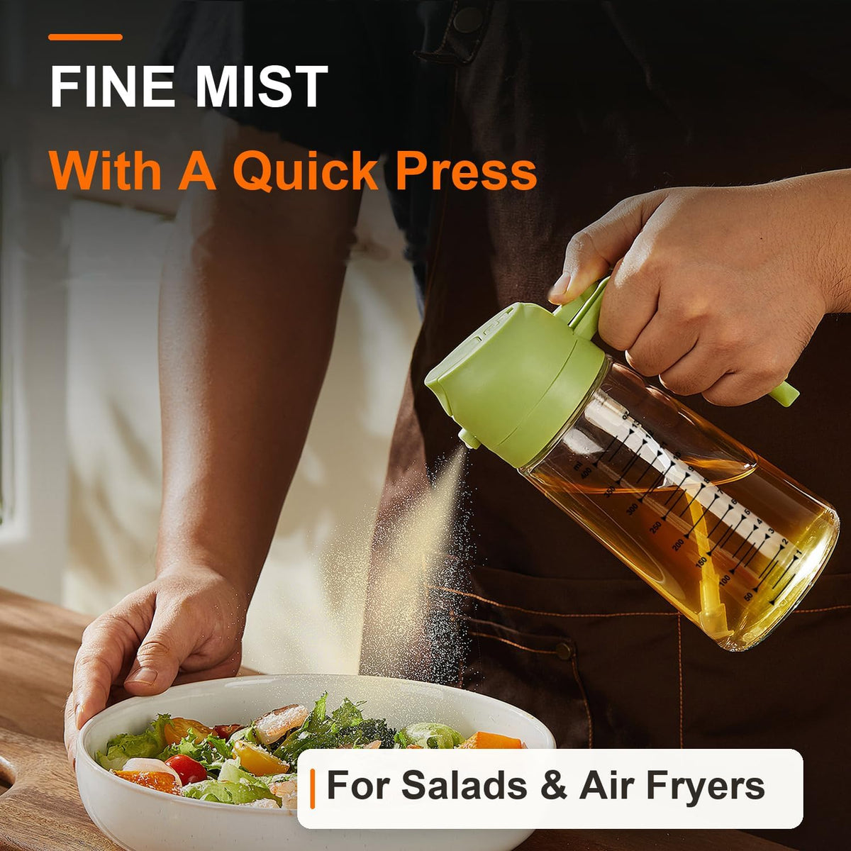 TrendPlain 16oz/470ml Glass Olive Oil Sprayer for Cooking – 2 in 1 Olive Oil Dispenser Bottle for Kitchen Gadgets and Air Fryer Accessories, Salad, BBQ - Green
