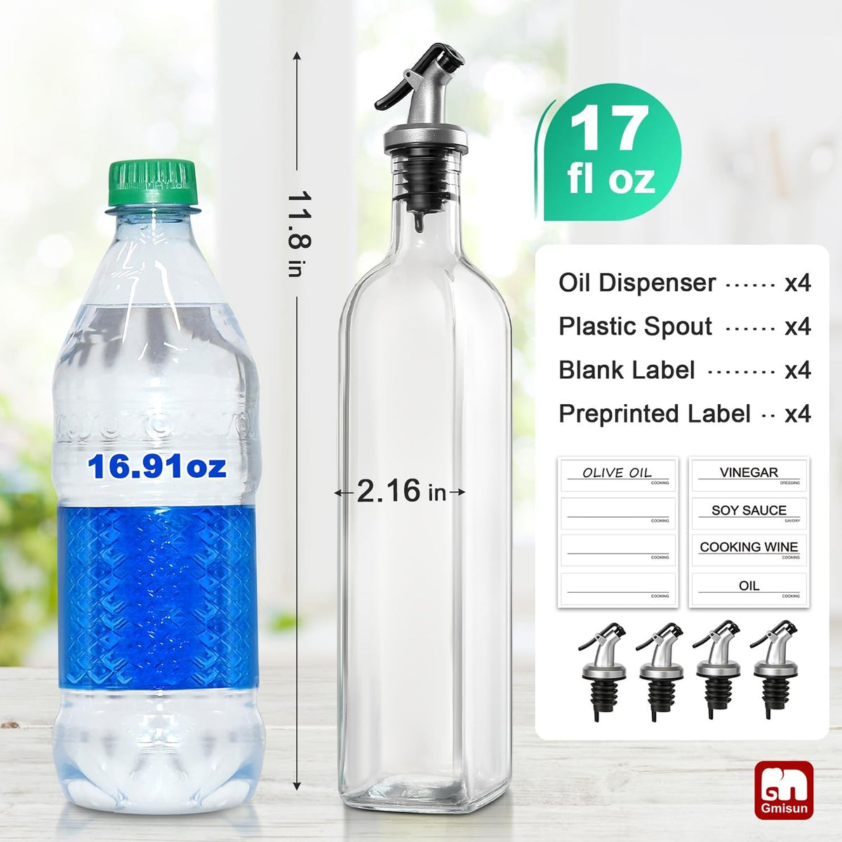 gmisun Olive Oil Dispenser Bottle for Kitchen, 4 Pack 17 Fl Oz Glass Oil Dispensers Bottles, Clear Cooking Vegetable Oil Dispenser Container Cruet Set with Plastic Pourer Spout, Funnel and Labels