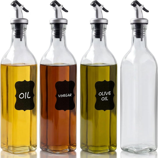4 Pack 17 oz (500ml) Clear Glass Oil & Vinegar Dispenser Bottles, Leakproof Set with 4 Pour Spouts & 4 Labels, Kitchen Tools for Salad, BBQ, Air Fryer Cooking