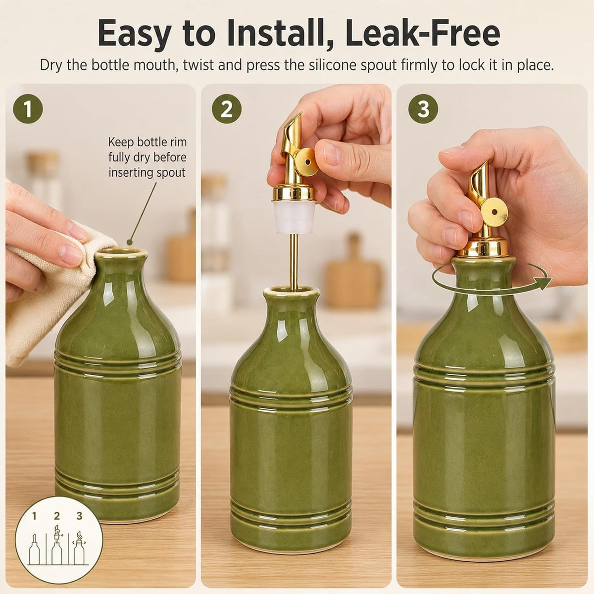 23.6Oz Green Ceramic Olive Oil Dispenser Bottle with Gold Gravity Spout