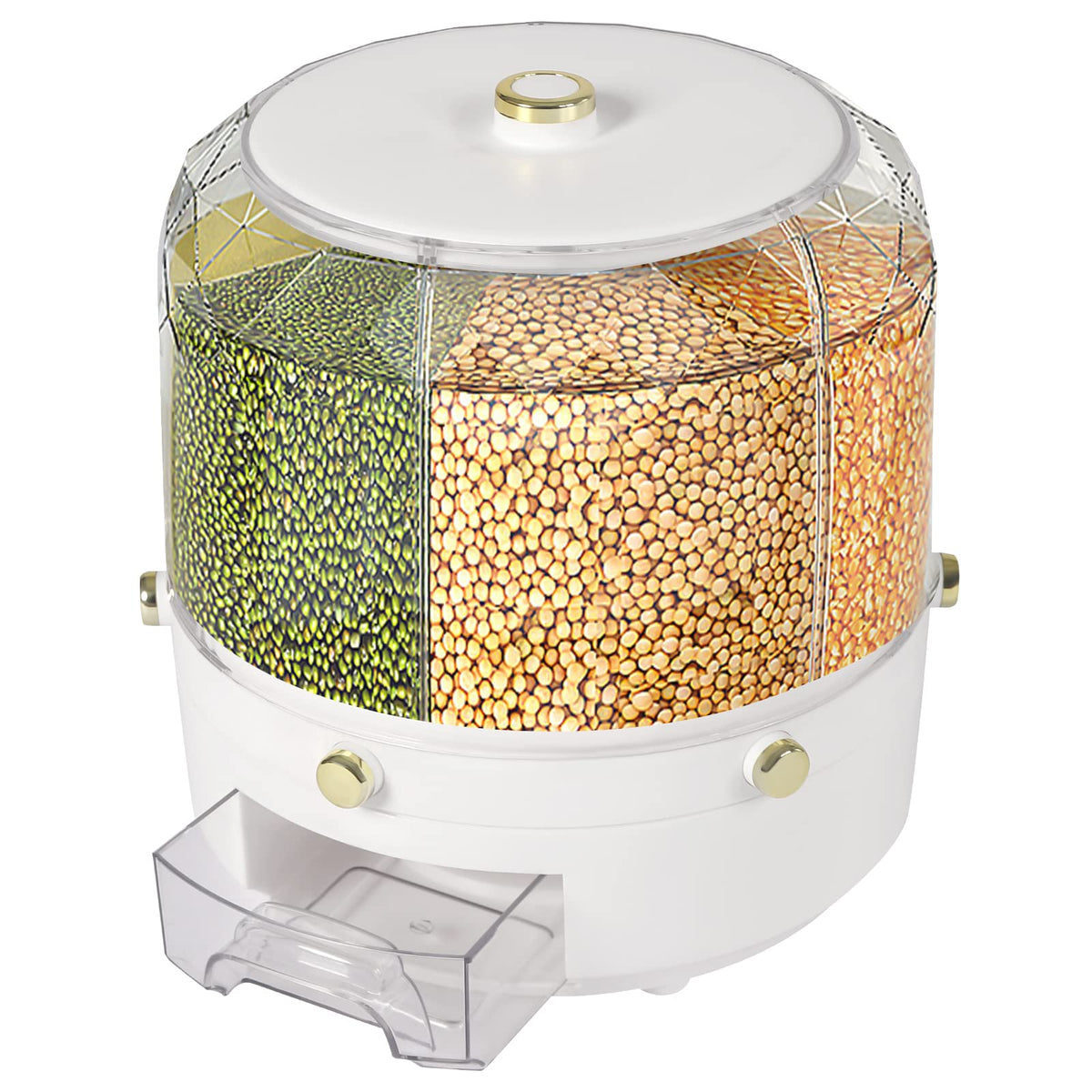 Cereal Dispenser Countertop 360° Rotating Grain Storage Container 13.2-27.56 Lbs Rice Dispenser 6 Grids Dry Food Dispenser Candy Dispensers for Grains, Beans, Rice (White+Clear, 14.33Lbs)