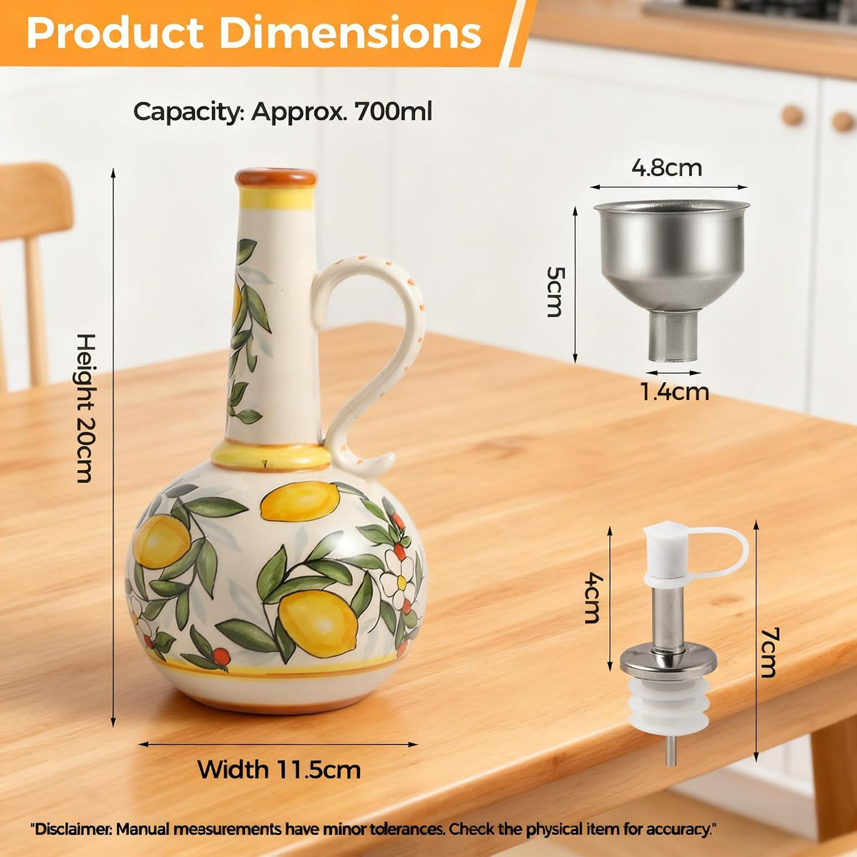 Ceramic Olive Oil Dispenser Bottle 23oz, Hand Painted Olive Oil Bottles, Decorative Stoneware Olive Oil Cruet for Kitchen with Stainless Steel Spout for Oils, Sauces, Vinegar (Llemon)