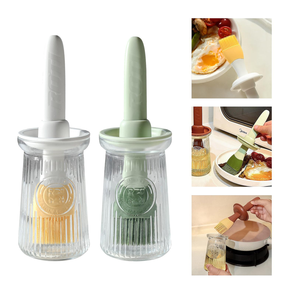 Oil Dispenser with Brush - Glass Olive Oil Dispenser for Kitchen, 3 IN 1 Oil Dispenser Bottle with Silicone Basting Brush for Cooking Vinegar Sauce BBQ Grill Frying (White)