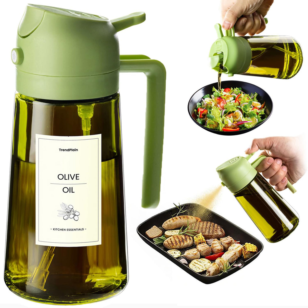 TrendPlain - Original 16oz/470ml Olive Oil Dispenser Bottle for Kitchen Gadgets and Air Fryer Accessories - Olive Oil Sprayer for Cooking w/Stickers - Black