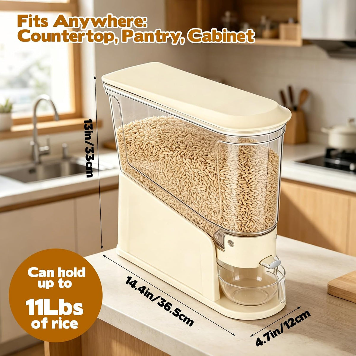 Rice Dispenser 11Lbs Slim Rice Storage Container for Small Space Clear Cereal Dispenser Sealed Moisture Proof with Measuring Cup BPA-Free Grain Storage Bucket for Kitchen Pantry Household, Cream White