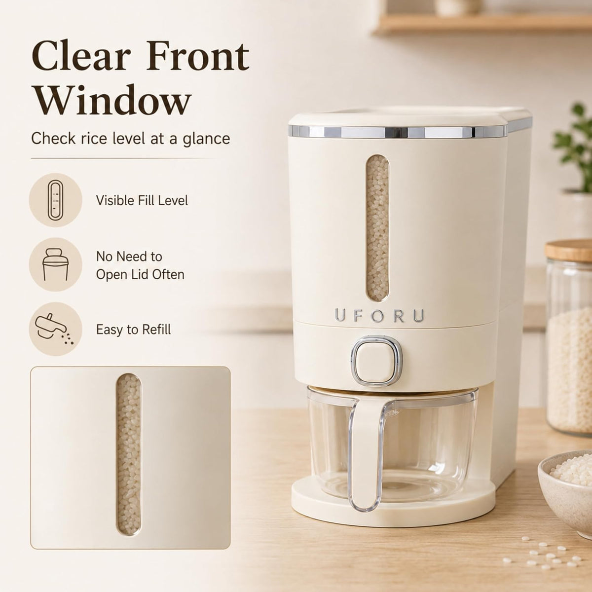 ROOM127 Slim Rice Dispenser with Measuring Cup - 11-15 lb, Cream White