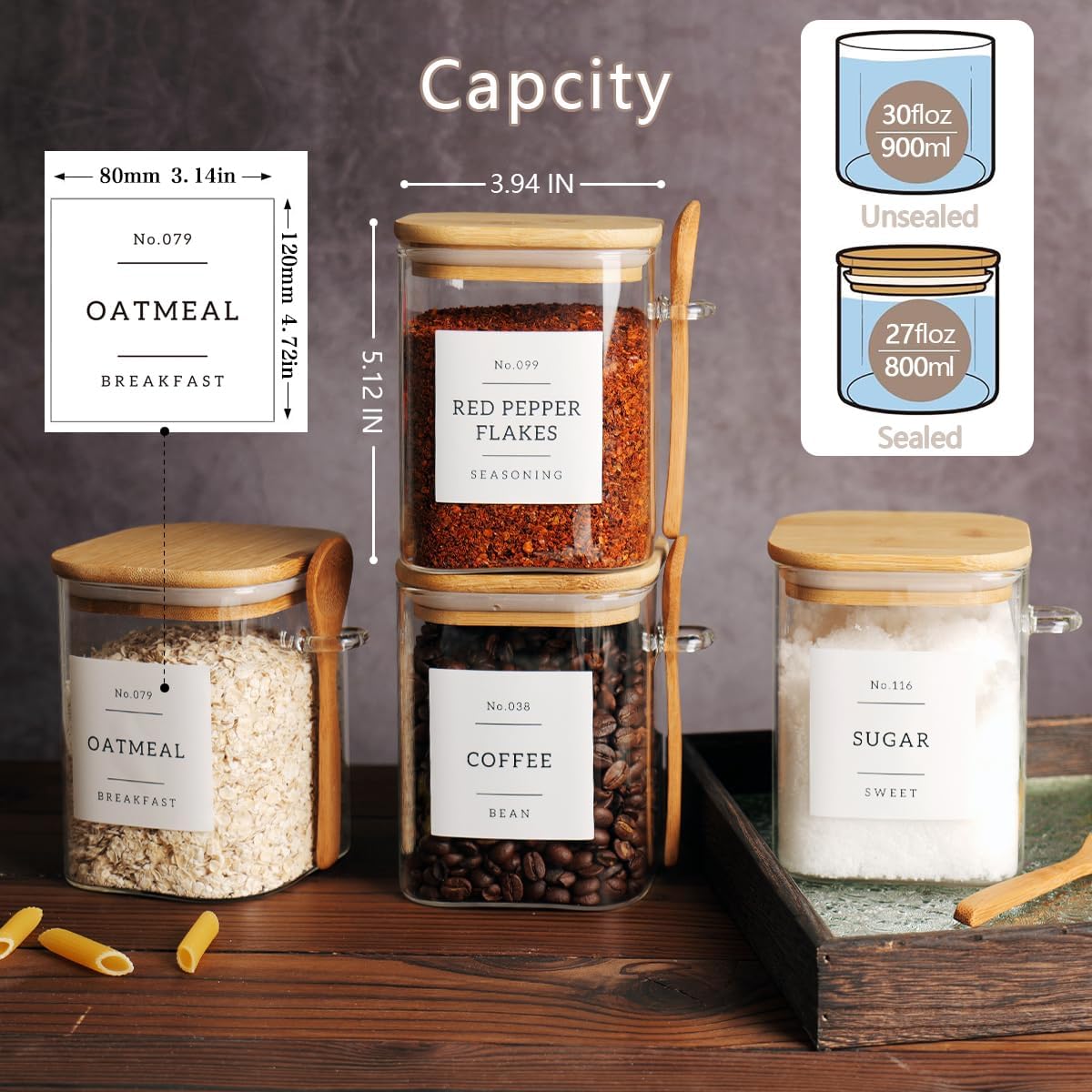4 Pcs 27oz Glass Jar with Bamboo Lid and Spoon, Sugar and Coffee Container