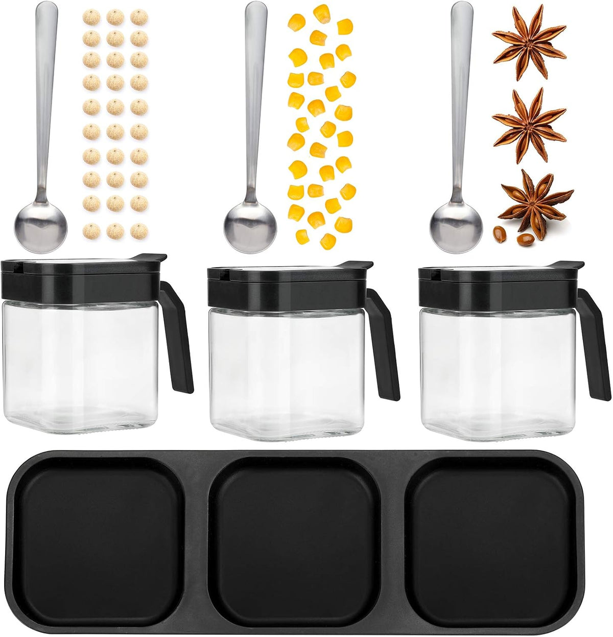 Mlici 3 Pack Condiment Jars, Spice Containers with Lids and Spoons, Black