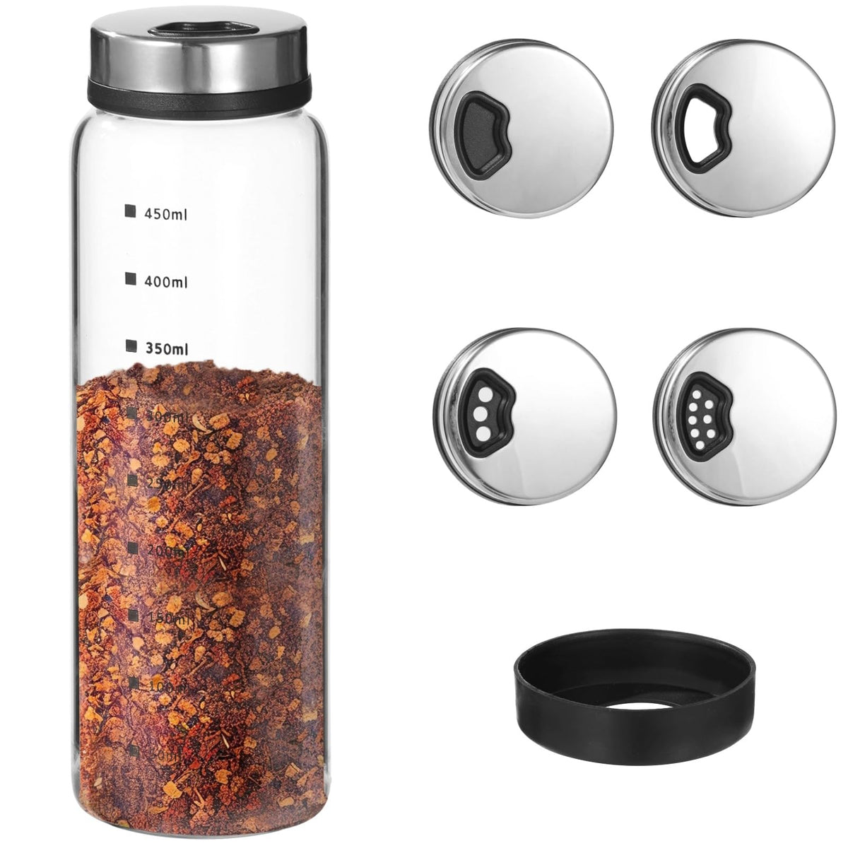 4 Pcs Salt and Pepper Shakers, 350ml Glass Spice Bottles with Adjustable Pour Holes, Spice Dispensers with Non-Slip Silicone Bases, Seasoning Jars with Rotating Steel Lids for Kitchen