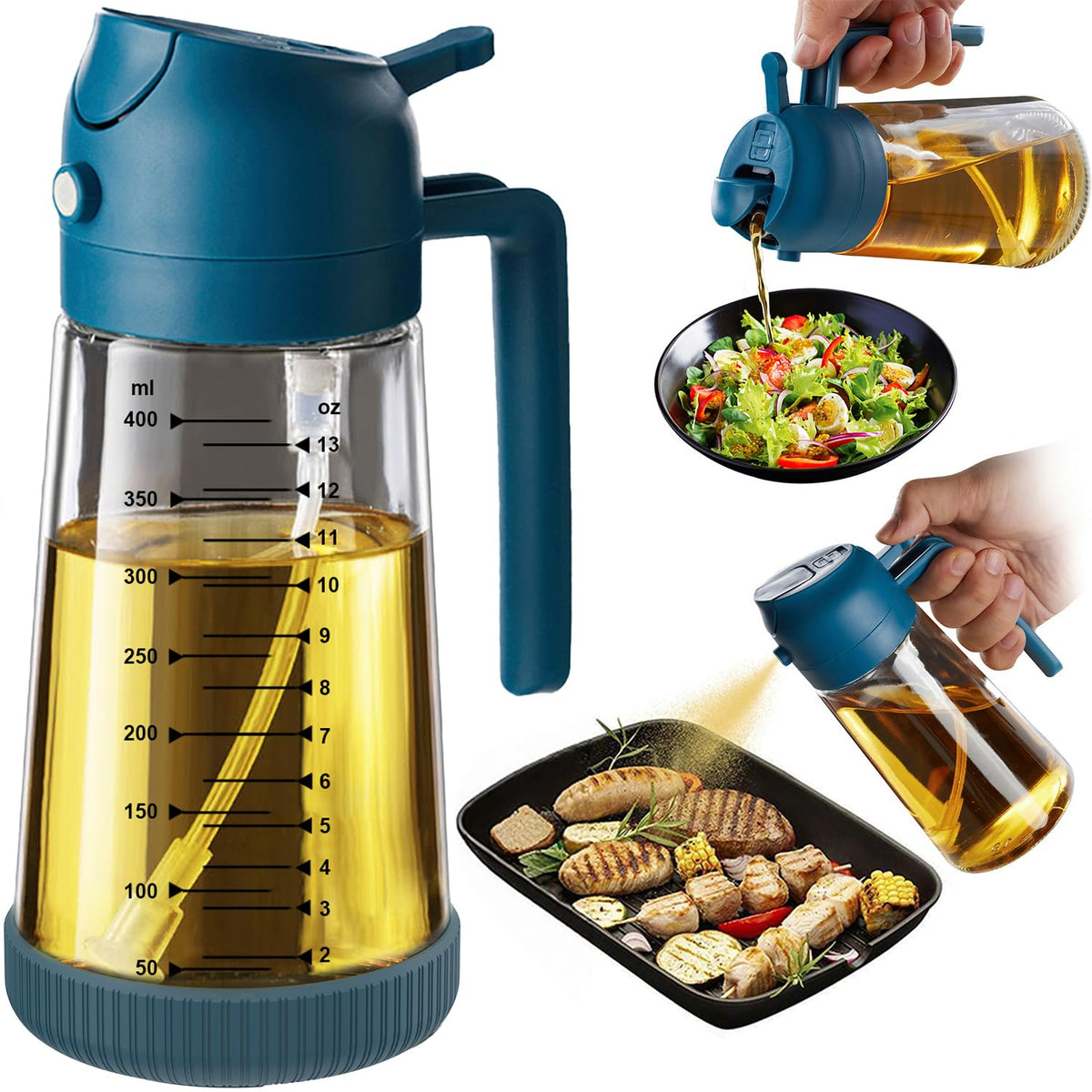 TrendPlain 16oz/470ml Glass Olive Oil Sprayer for Cooking – 2 in 1 Olive Oil Dispenser Bottle for Kitchen Gadgets and Air Fryer Accessories, Salad, BBQ - Black & Green
