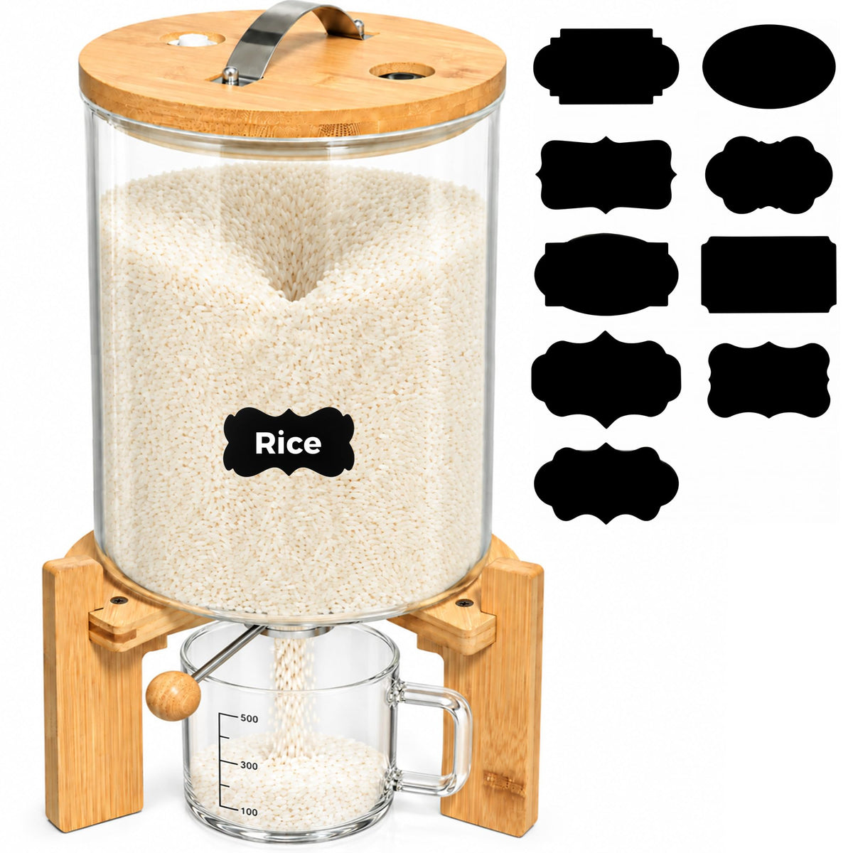 Glass Rice Dispenser, 5L Airtight Rice Container with Measuring Cup & Label