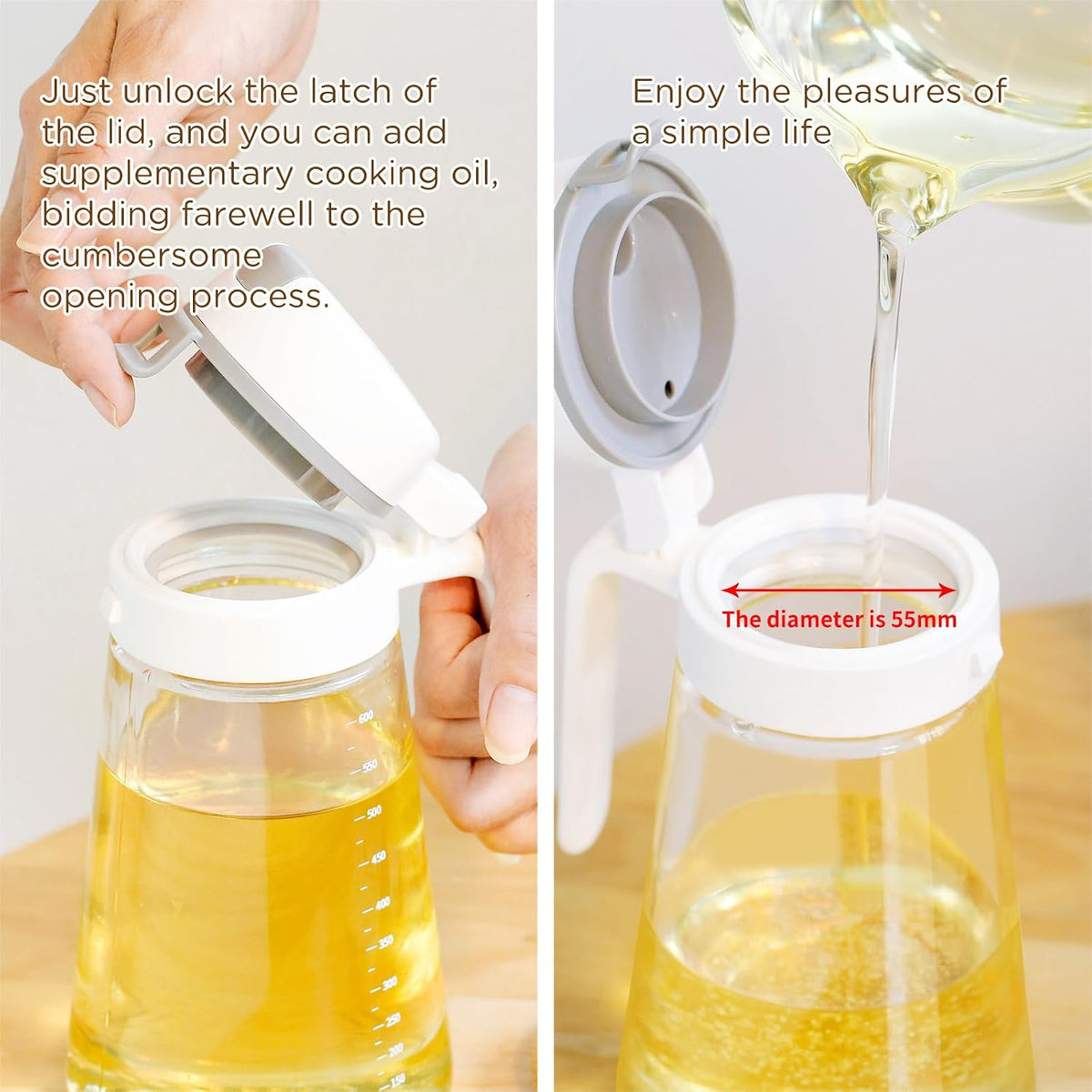 Oil Dispenser Bottle, 22oz Glass Oil Bottle with Scale, Kitchen