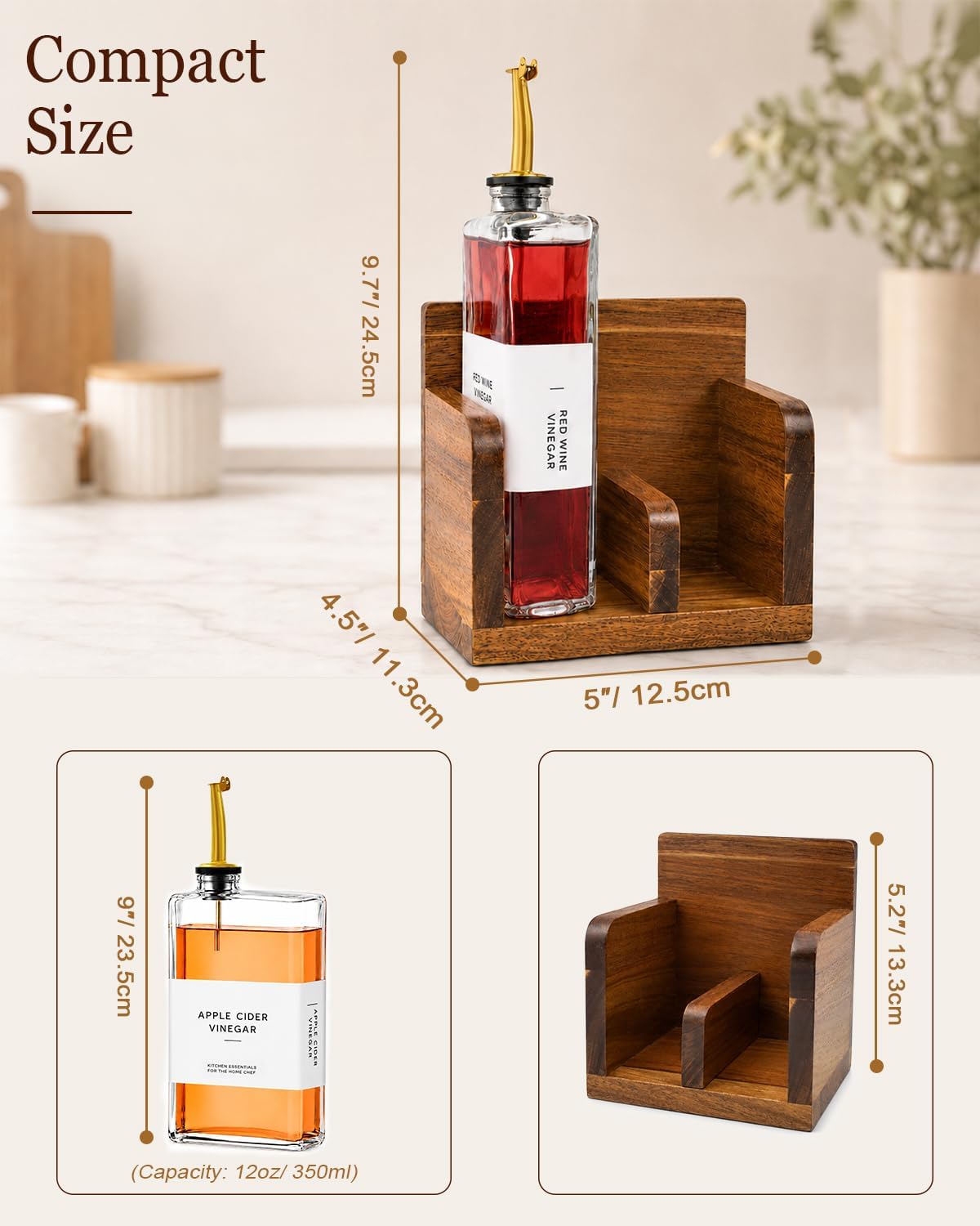 Glass Oil and Vinegar Dispenser Set with Acacia Wood Stand, 2 Pack 12 oz