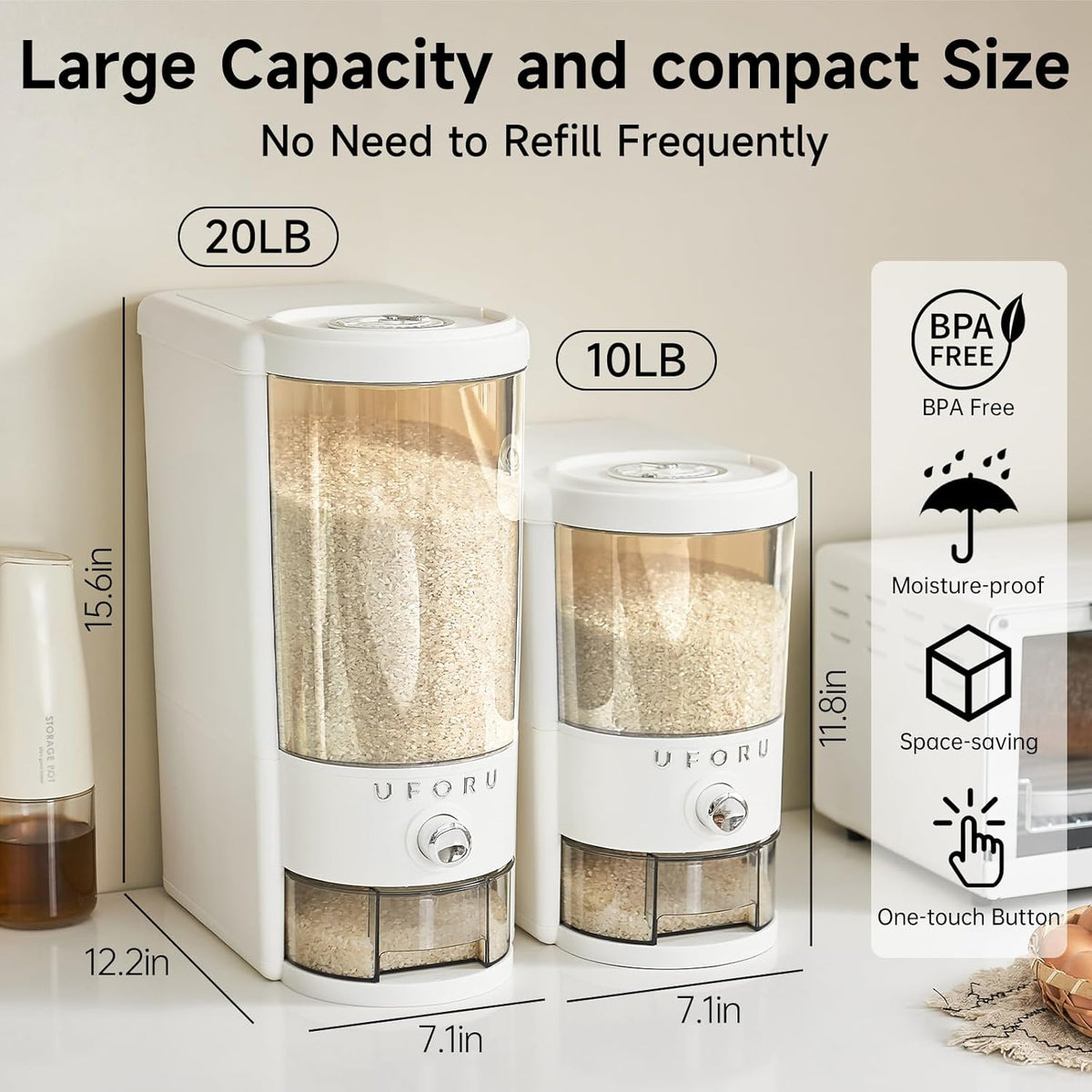 UFORU Rice Dispenser,23 LB Airtight Rice Storage Container with Date Dial