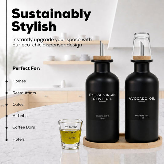 Brighter Barns Black Glass Olive Oil Dispenser Bottle for Kitchen - 12 oz Oil and Vinegar Dispenser, Soy Sauce Bottle - Farmhouse Kitchen Decor for Restaurant, Hotel, Coffee Bar Accessories (Black)