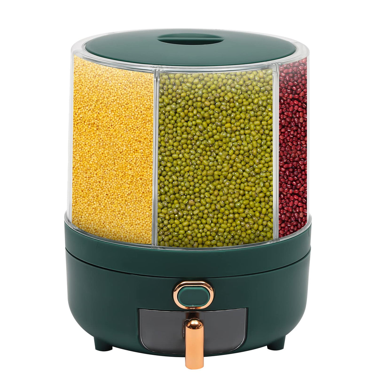 Cereal Dispenser Countertop 360° Rotating Grain Storage Container 13.2-27.56 Lbs Rice Dispenser 6 Grids Dry Food Dispenser Candy Dispensers for Grains, Beans, Rice (White+Clear, 14.33Lbs)