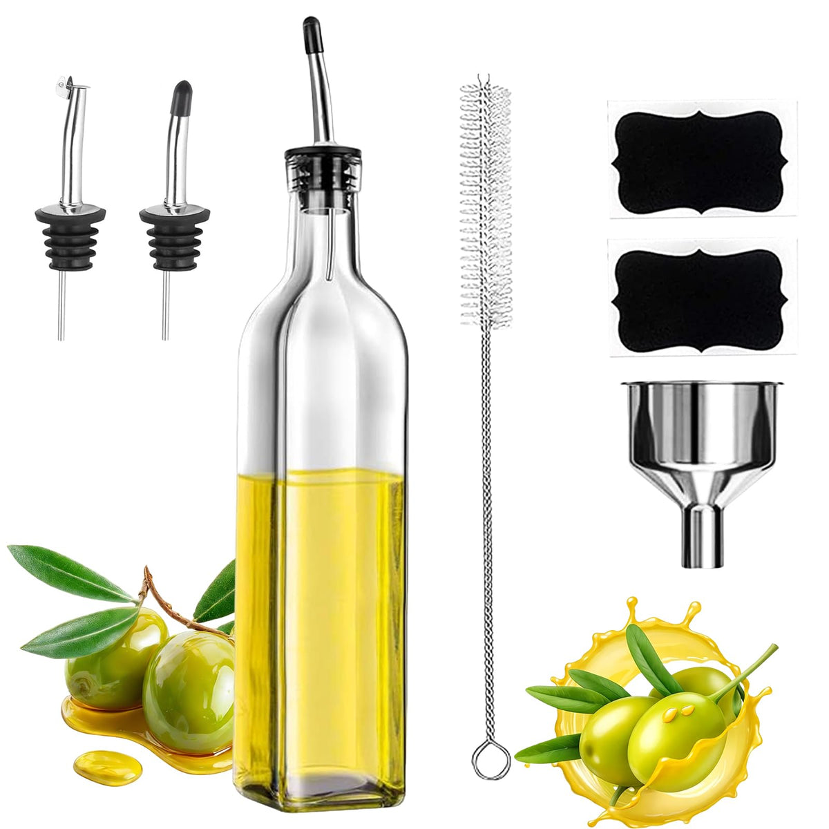 Showvigor Olive Oil Dispenser, 17oz/500ml Square Tall Glass Container With 2 Stainless Steel Pourers, 2 Labels, 1 Brush and 1 Funnel for Kitchen