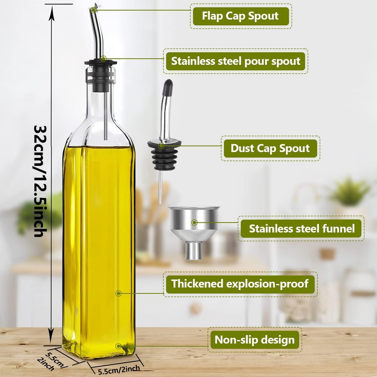 Showvigor Olive Oil Dispenser, 17oz/500ml Square Tall Glass Container With 2 Stainless Steel Pourers, 2 Labels, 1 Brush and 1 Funnel for Kitchen