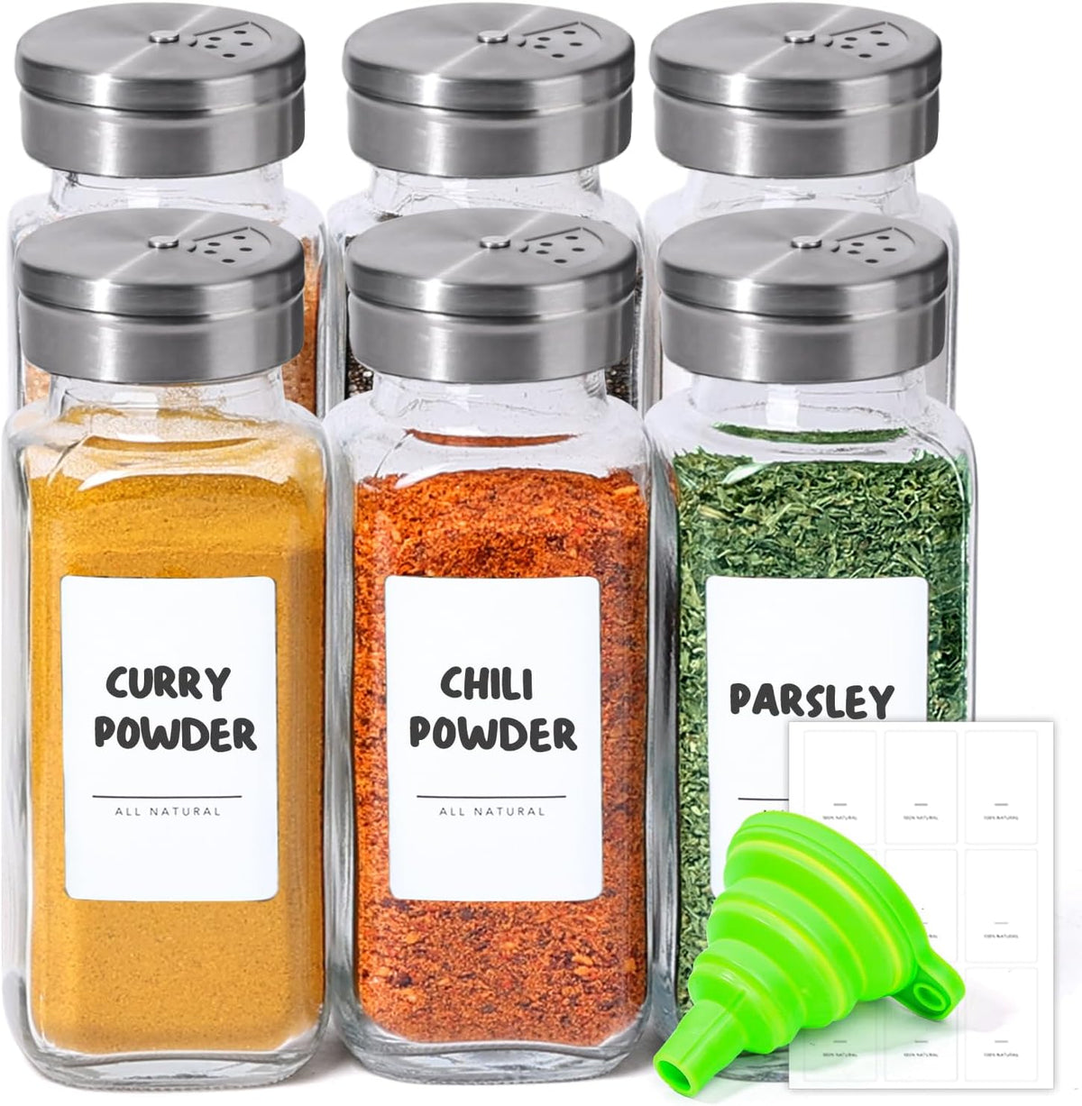ComSaf Glass Spice Jars with Shaker Lids 8 oz 6 Pack Square