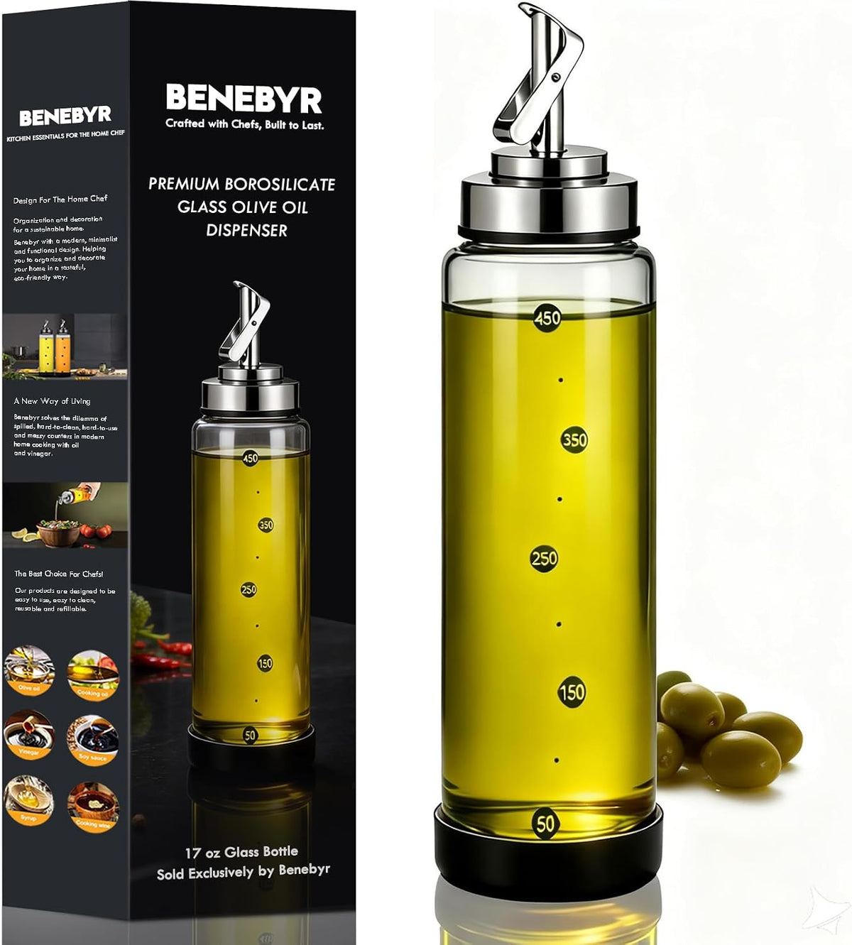 Glass Olive Oil Dispenser Bottle for Kitchen 17 oz Leakproof & Shatterproof